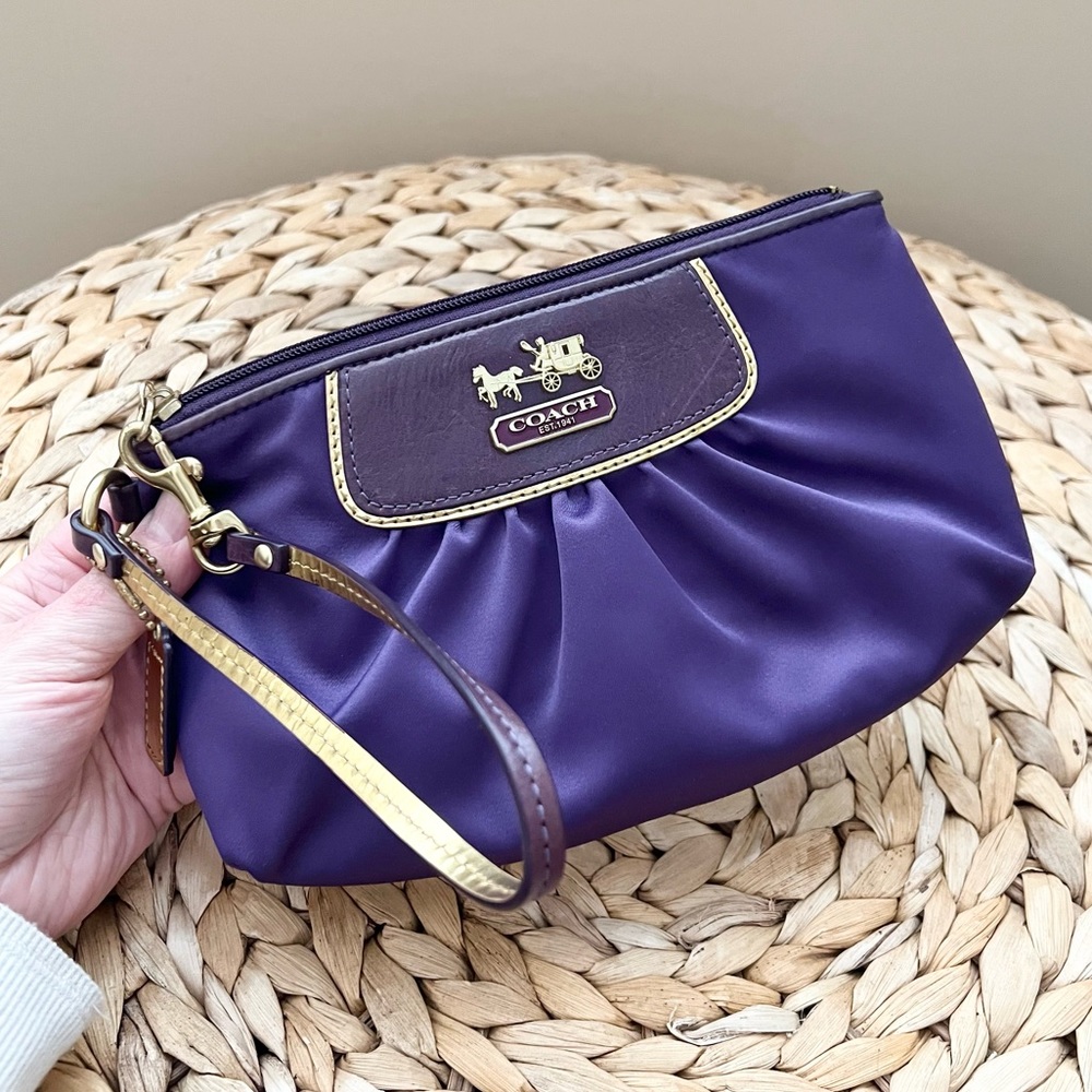 COACH purple canvas leather trim wristlet clutch